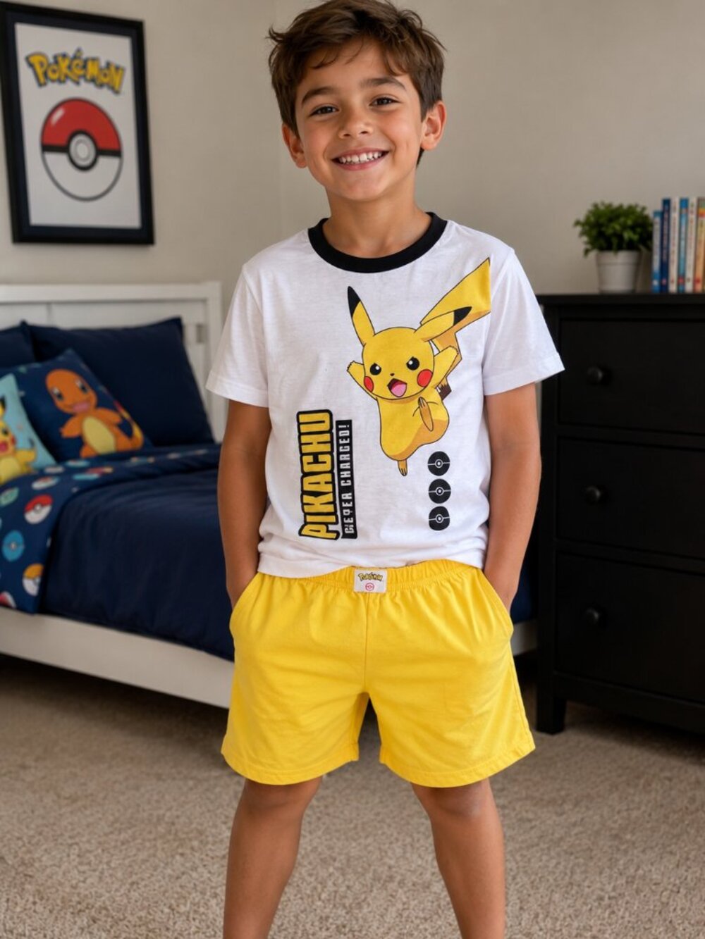 Pokémon Pikachu Boys Pajama Set Size 6 White T-Shirt Yellow Shorts